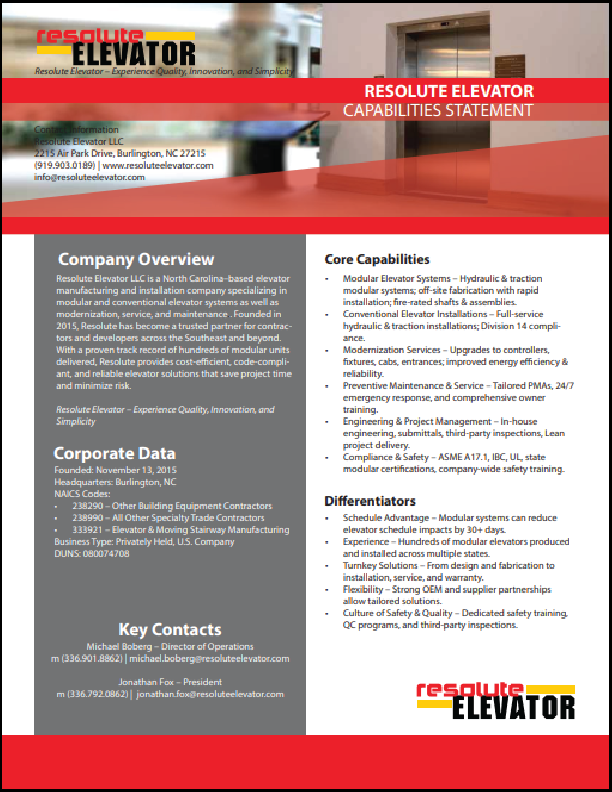 Capabilities Statement for Resolute Elevator